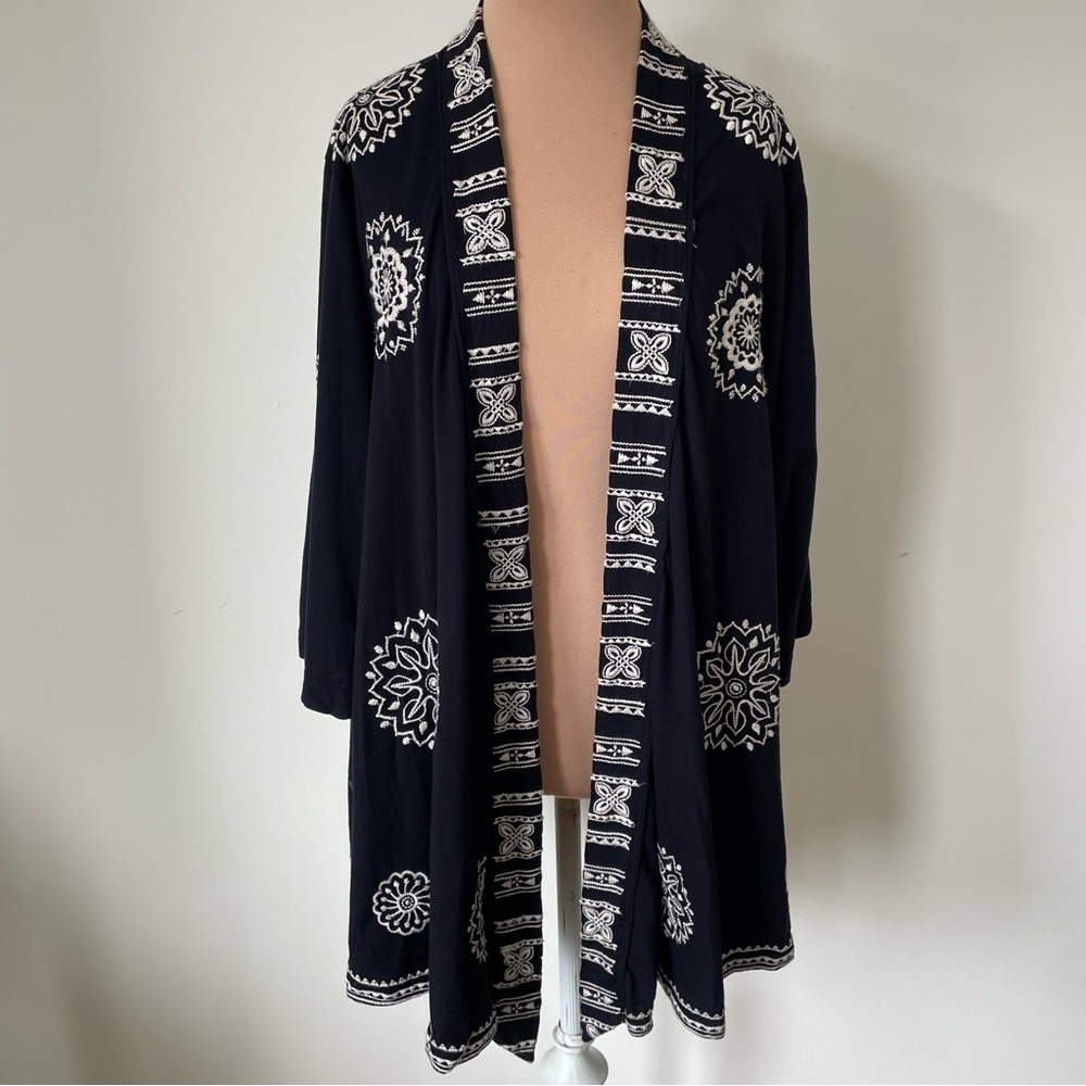 Johnny Was Embroidered Black Cotton Open Front 3/4 Sleeve Kimono Cardigan EUC S
